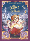 Book cover of 'Elfie's Spellbook' with a character holding a book and magical elements.