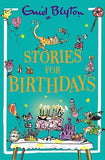 Book cover of 'Stories for Birthdays' by Enid Blyton with illustrations of a cat, cake, and party decorations on a blue background.