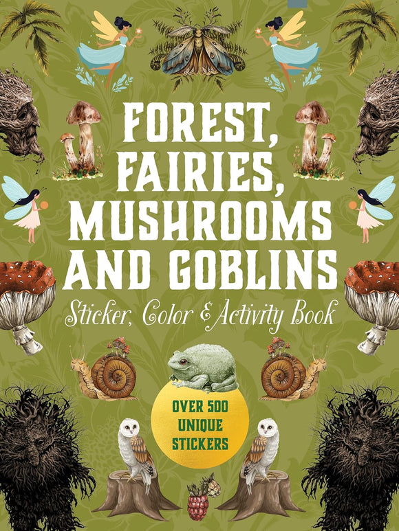 Sticker, color, and activity book cover with forest-themed illustrations on a green background.
