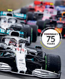 Cover of the book 'Formula 1: 75 Years' featuring a image of Formula 1 racing cars in formation with focus on a white car with sponsorship logos, and text celebrating the 75th anniversary of the Formula 1 sport.