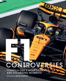 Formula One car with 'F1 Controversies' book cover text