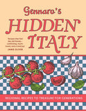 Book cover of 'Gennaro's Hidden Italy' with tomato, garlic, and checkered pattern