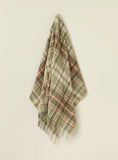 Plaid blanket with green and brown colors on a beige background