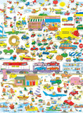 A dense, colorful cartoon illustration filled with tiny vehicles, people, animals, and beach and travel-themed scenes on a white background.