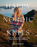 Person wearing a colorful knit sweater with 'Happy Nordic Knits' text overlay in a scenic setting.