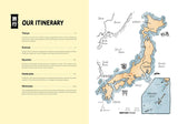 Map of Japan with a travel itinerary on a yellow background