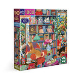 Puzzle box with a colorful illustration of a cozy room with books and pets, featuring the brand ' eeBoo'.