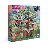 A 1000-piece jigsaw puzzle box featuring a colorful, busy illustration of a tree with birds, flowers, and butterflies. The box is shown at a three-quarter angle on a plain white background.