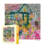 Jigsaw puzzle box with a colorful illustration of a greenhouse and garden, featuring flowers and animals.