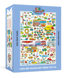 Puzzle box with colorful illustrations of cars, trucks, and other vehicles on a blue background