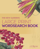 Book cover of 'The Kew Gardens Large Print Wordsearch Book' with floral illustrations on a beige background.