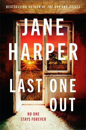 Book cover of 'Last One Out' by Jane Harper with an open door leading to a sunset scene.