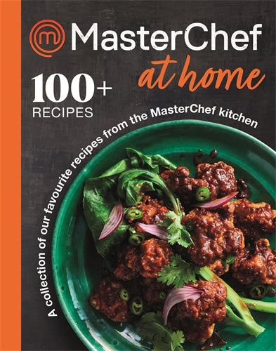 Cookbook cover of 'MasterChef at Home' with a dish on a green plate.