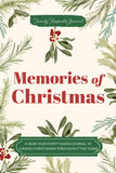 Front cover of a family keepsake journal titled "Memories of Christmas" with decorative watercolor-style Christmas foliage and red berries around the border. The cover is cream-colored with dark green banners and red title text.