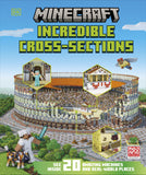 Book cover of 'Minecraft: Incredible Cross-Sections' with Minecraft characters and cross-sectional views.