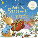 Book cover of 'Peter's Snowy Christmas' featuring Peter Rabbit and a bird with a gift in a snowy scene.