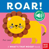 Book cover of 'Roar!' featuring a lion illustration on a pink and blue background.
