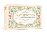 The box for the card game 'Satisfaction: A Jane Austen Card Game' by Tori Smith, Book Liu, and Zach Jones. The cream-colored box features a decorative border filled with colorful flowers and green leaves, with gold ornamental details and pink silhouette portraits on the sides.
