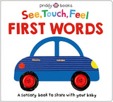 Book cover of 'See, Touch, Feel First Words' by Priddy Books with a blue car illustration.
