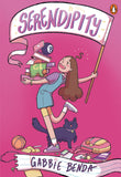 Book cover of 'Serendipity' by Gabbie Benda with a girl holding a banner and a cat on a pink background.