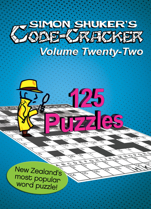 Book cover of 'Simon Shuker's Code-Cracker Volume Twenty-Two' with a crossword puzzle and cartoon character.