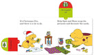 Children's book page with a cartoon dog wrapping presents on Christmas Eve.
