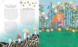 Illustrated book pages with a character in a garden and text about fungi and bees.
