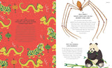 Children's book page with illustrations of dragons, a spider, and a panda on a red background.