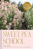 Book cover of 'Sweet Pea School' with pink flowers and a garden scene.