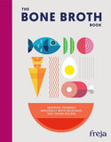 Book cover of 'The Bone Broth Book' with colorful illustrations of food on a purple and white background.