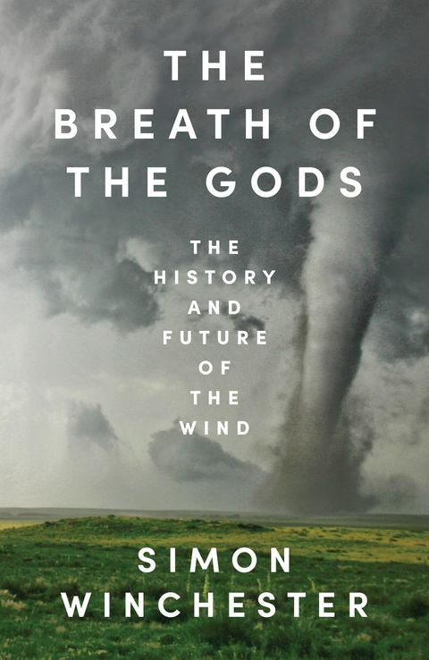 Book cover of 'The Breath of the Gods' with a tornado in the background