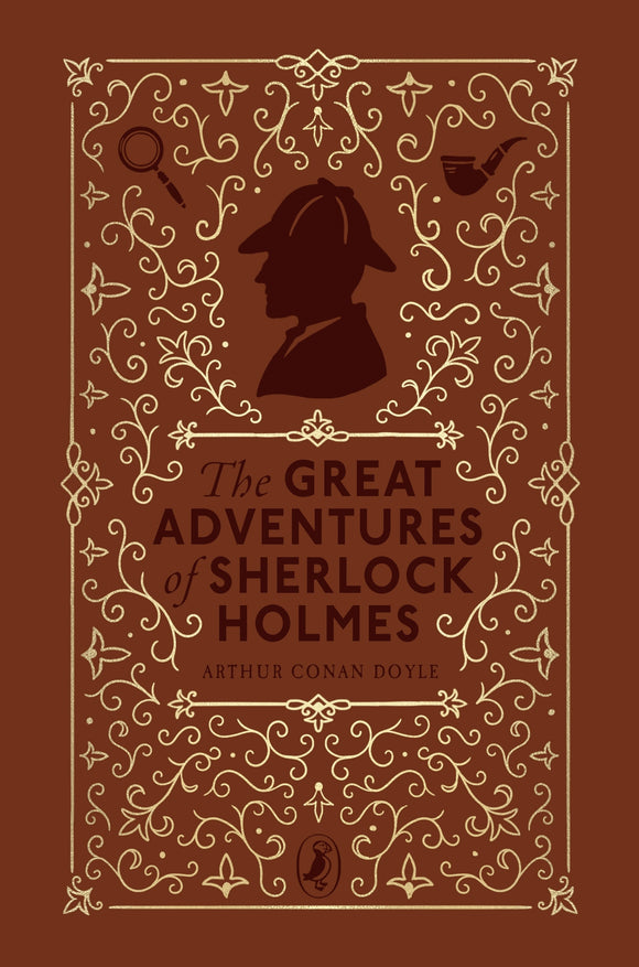 Book cover of 'The Great Adventures of Sherlock Holmes' with decorative elements on a brown background