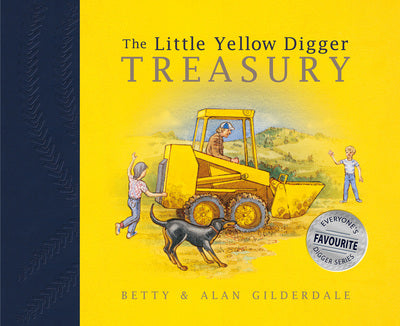 Book cover of 'The Little Yellow Digger Treasury' with a yellow bulldozer and children illustration.