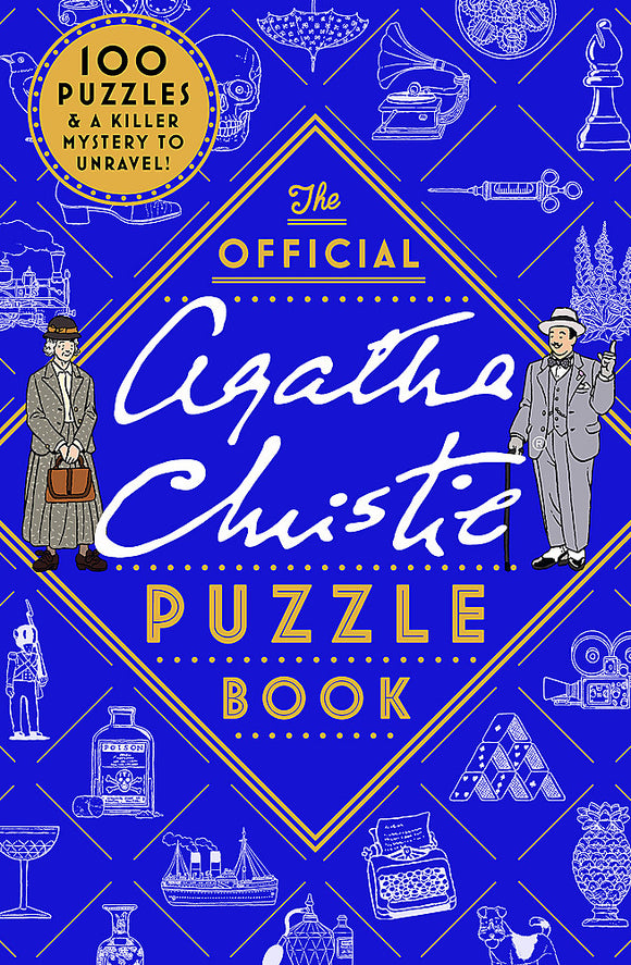 Cover of 'The Official Agatha Christie Puzzle Book' with illustrations and text on a blue background.