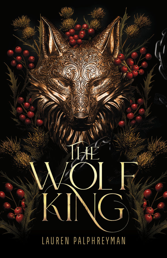 Book cover of 'The Wolf King' with a stylized wolf head and berries on a dark background