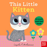 Book cover of 'This Little Kitten' with a cat illustration and flowers on an orange background.