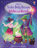 Book cover of 'Sticker Dolly Dressing Witches and Wizards' with two children in wizard and witch costumes on a magical background.