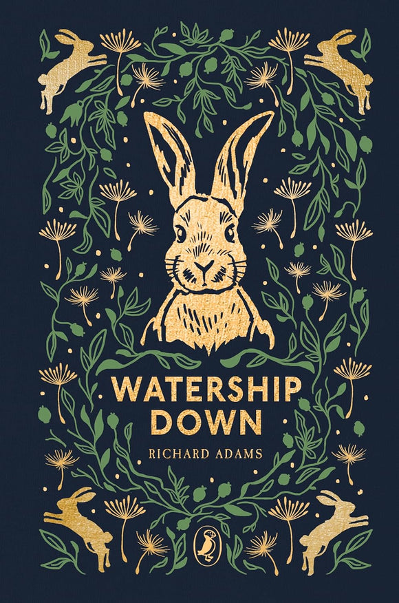 Cover of the book 'Watership Down' by Richard Adams featuring an illustration of a rabbit in a forest environment with flowers and the title embossed on the top.