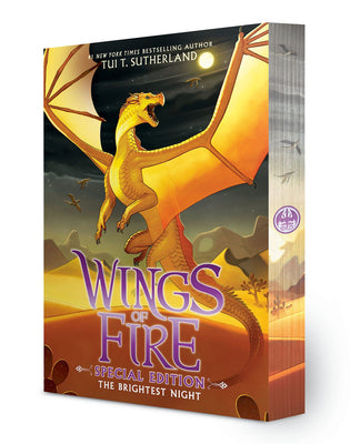 Book cover of 'Wings of Fire: The Brightest Night' with a dragon illustration on a desert background.